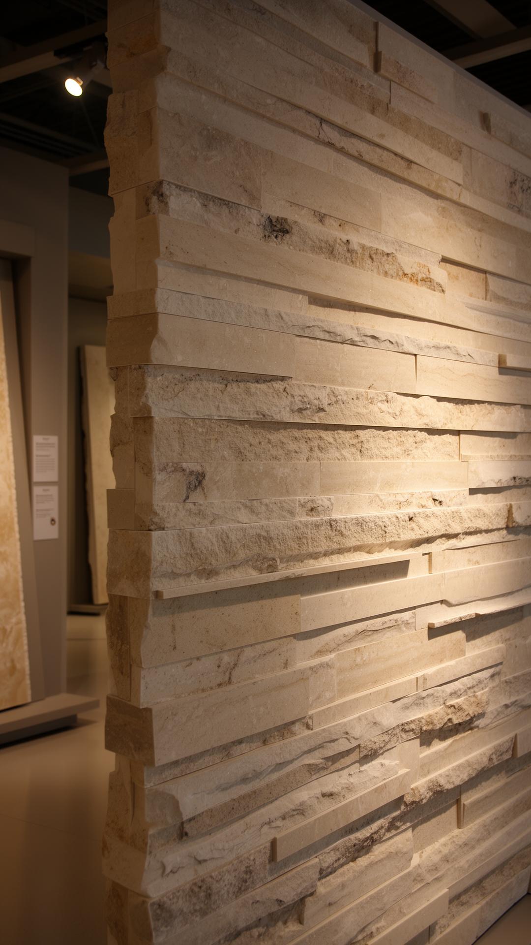 Layered natural stone slabs inside the Vetra Surfaces material gallery